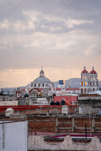 Beautiful panoramic view of the city of Puebla in Mexico. Sunset.