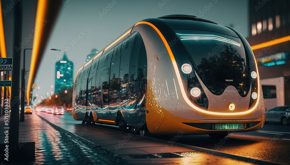 Autonomous Bus. Future, futuristic. Public Transportation. Sustainable City. Urban Mobility. Generative AI.