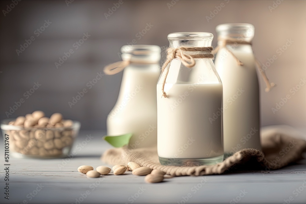 Vegan pistachio milk in a bottle with Generative AI Vegan pistachio milk in a bottle with Generative AI