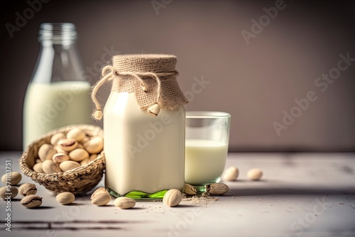 Vegan pistachio milk in a bottle with Generative AI
