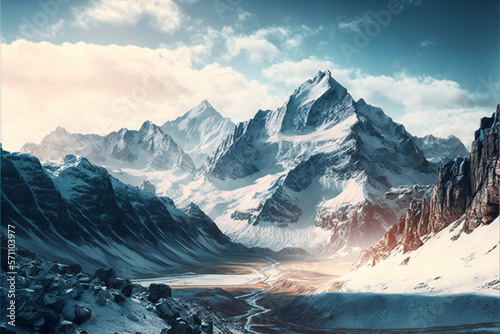 Panoramic view of snow capped mountain peaks, scenery background, Generative AI