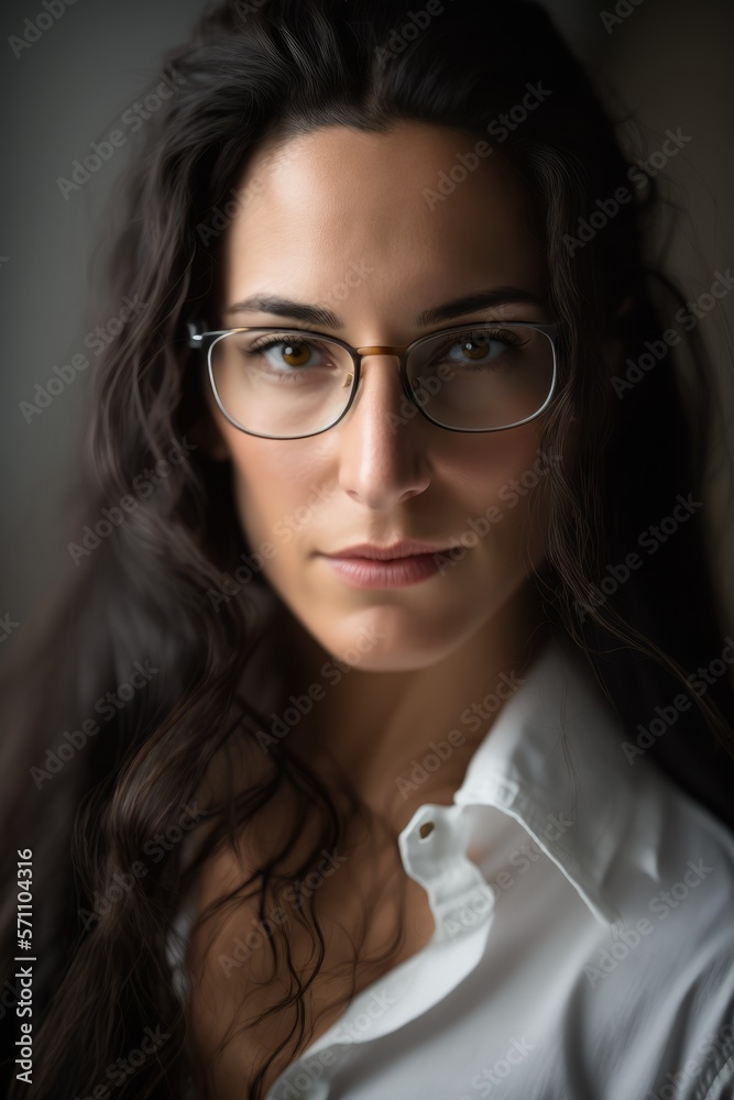 Attractive Young woman using eyeglasses wearing a white shirt looking at the camera. Generative AI Attractive Young woman using eyeglasses wearing a white shirt looking at the camera. Generative AI