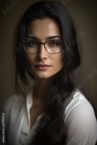 Attractive Young woman using eyeglasses wearing a white shirt looking at the camera. Generative AI
