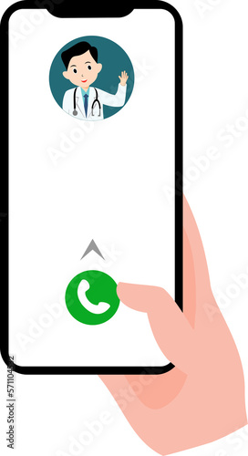online doctor application. illustration of right hand holding a cell phone making a phone call to a doctor online