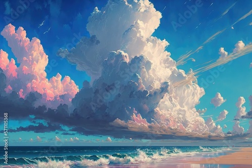 Sandy shore beach with rain clouds on the horizon slowly engulfing the late afternoon summer day blue sky, breathtaking ocean seascape vista - generative AI illustration.