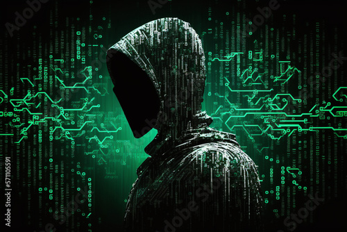 Concept of a security breach or system attack. The hacker with a hoodie in cyberspace made with Generative AI
