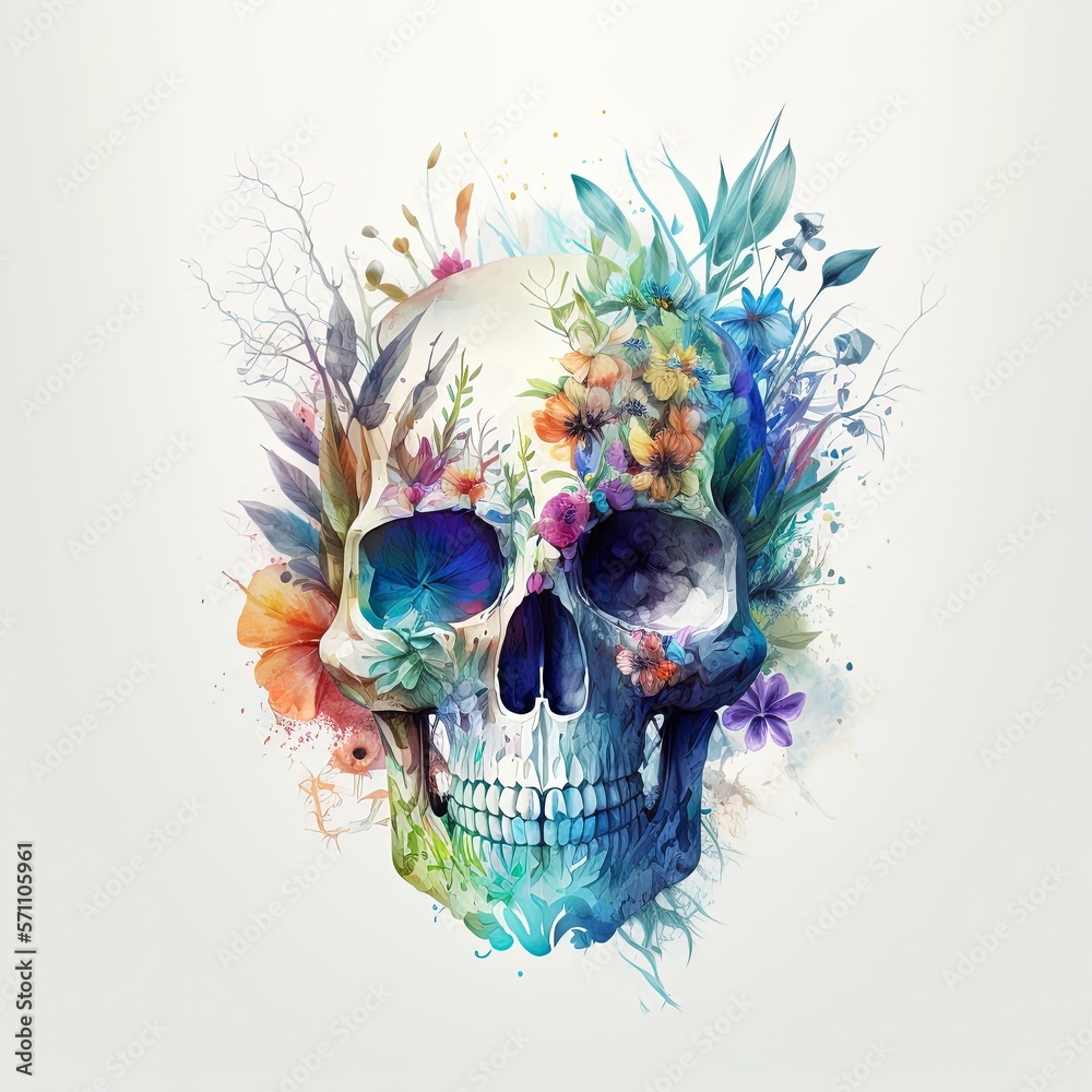 watercolor skull flower with Generative AI watercolor skull flower with Generative AI