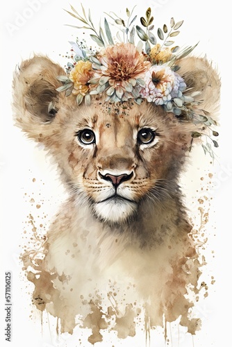 Watercolor baby lion Flower Crown with Generative AI