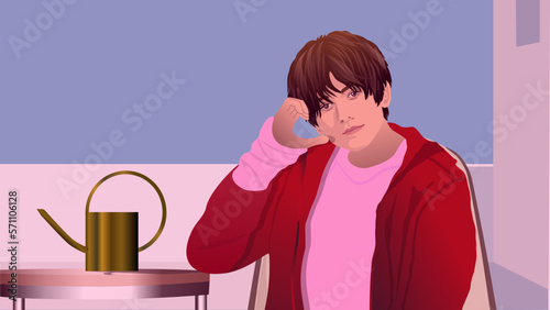 A handsome young man is sitting outside on the roof of a building, with his hand he forms a heart, symbolizes self-love and enjoying life, realistic vector