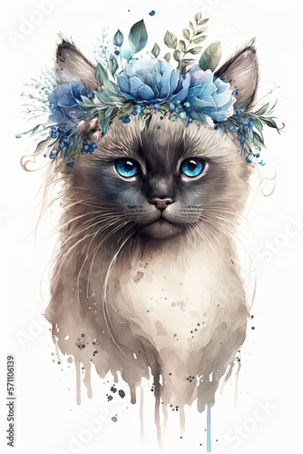 Watercolor cat blue point neva masquerade breed Flower Crown with Generative AI photo