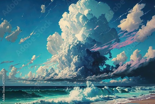 Sandy shore beach with rain clouds on the horizon slowly engulfing the late afternoon summer day blue sky, breathtaking ocean seascape vista - generative AI illustration.