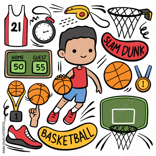 Doodle Style Cartoon Basketball Player and Equipment 