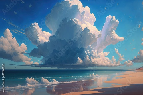 Sandy shore beach with rain clouds on the horizon slowly engulfing the late afternoon summer day blue sky, breathtaking ocean seascape vista - generative AI illustration.