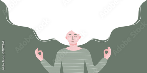 A woman smiling and doing mindfulness meditation, mental health concept. flat vector illustration banner.	