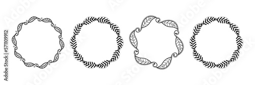 Decorative line art frames for design template. Lace illustration for invitations and greeting cards. Circle leaf frame vector. 