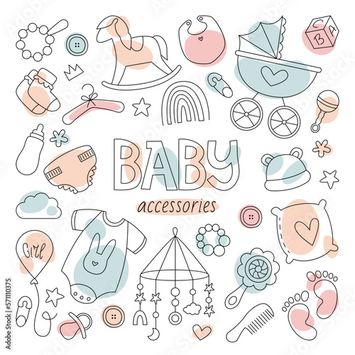 Baby accessories in line art icons set. Products for toddlers development and education. Trend stroller and clothes