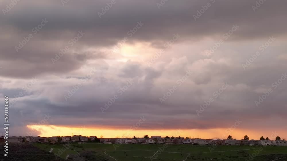 Aerial View of Sunset and Clouds Above Santa Clarita, Neighborhood of Los Angeles CA USA, Revealing Drone Shot