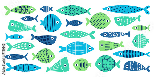 Hand drawn abstract fish with colorful pattern flat icons set. Ornaments on marine creature