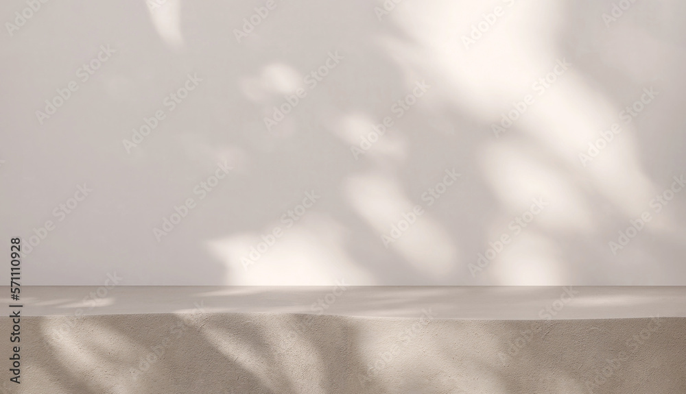 Blank beige brown cement curve counter podium with texture, soft beautiful dappled sunlight, leaf shadow on white wall for luxury organic cosmetic, skincare, beauty treatment product background 3D. - obrazy, fototapety, plakaty 