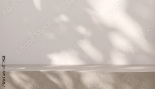 Blank beige brown cement curve counter podium with texture, soft beautiful dappled sunlight, leaf shadow on white wall for luxury organic cosmetic, skincare, beauty treatment product background 3D.