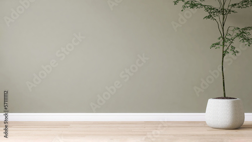 Blank sage green wall in house with green tropical tree in white modern design pot, baseboard on wooden parquet in sunlight for luxury interior design decoration, home appliance product background 3D photo