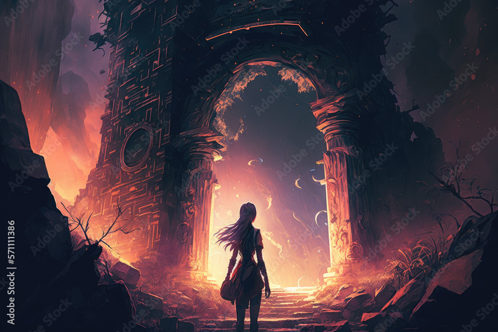 Fototapeta premium Young Woman Stands in Front of the Archway, Digital Art Style