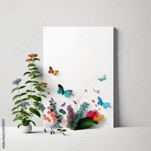 Mockup photo frame, colorful butterflies and bright flowers, AI Generaion