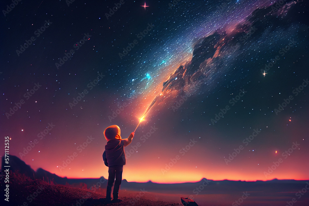 Silhouette of young child pointing toward epic galaxy in night sky, generative art