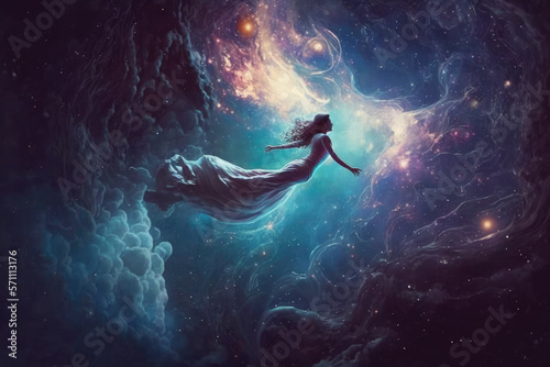 Woman floating through space, digital art style