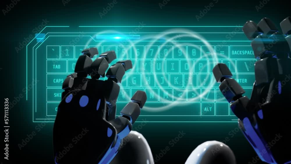 robot hands typing virtual hud keyboard in neon style. A.i. chat bot help and care about customer service