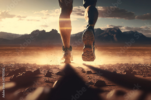 Close Up Runner Feet from Behind Running toward Mountain in Cinematic Sunset Light AI Generated