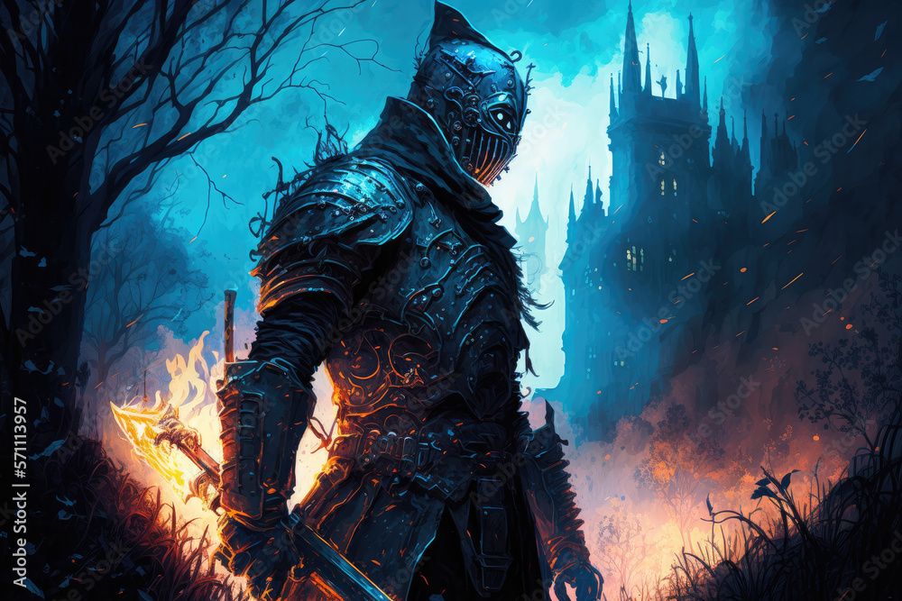 The Gothic Knight Standing in Front of the Castle, digital art style The Gothic Knight Standing in Front of the Castle, digital art style