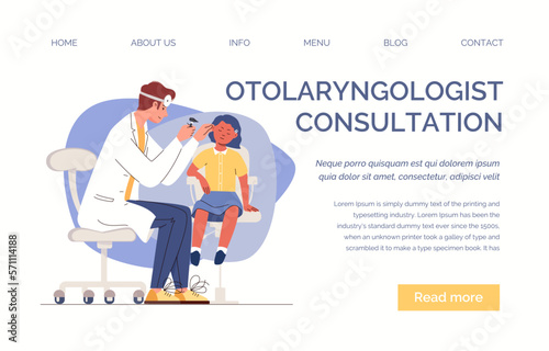 Otolaryngology checks ears of child with hearing loss or earache using otoscope. Prevention, diagnosis, treatment of ENT diseases. Vector flat cartoon illustration. Web template, landing page, website