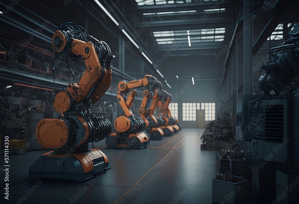 Futuristic Robots in Assembly Factory Hall AI