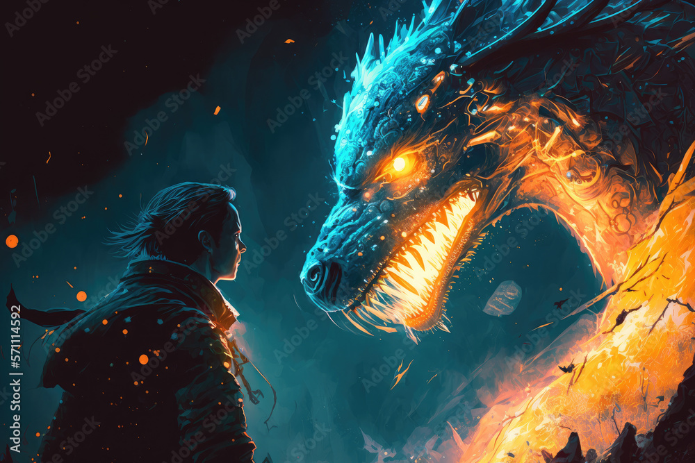 The Protagonist Stares Down the Dragon, digital art style