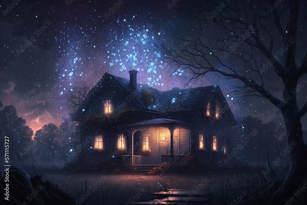 A cozy and mystical night scene of a house surrounded by a spellbinding shower of starfall and a warm glow of magic.
