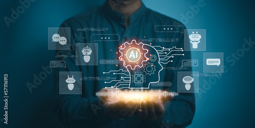 AI Artificial Intelligence and conversational chatbots businesses digital technology interact with applications, including customer service, sales and marketing and big data virtual screen.