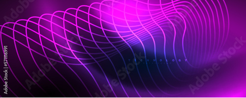 Shiny neon waves, dynamic electric motion, energy or speed concept. Vector illustration for wallpaper, banner, background, leaflet, catalog, cover, flyer