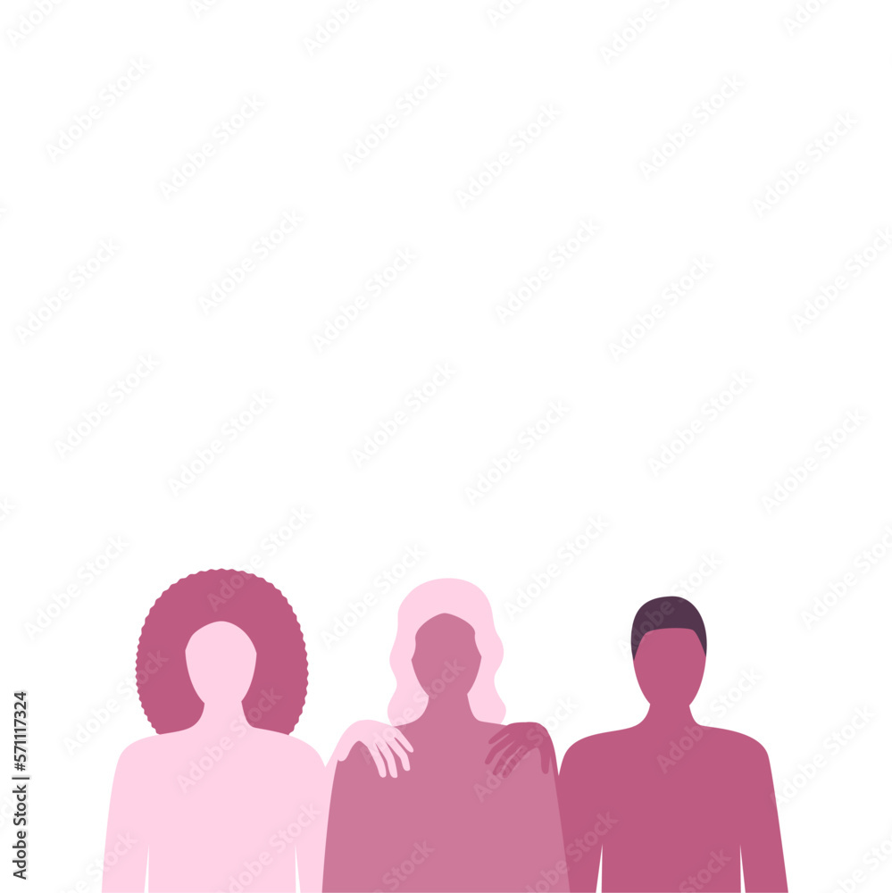 Few women of different color skin standing together. Women's friendship, support, union of feminists or sisterhood. The concept of the female's empowerment movement. Few women of different color skin standing together. Women's friendship, support, union of feminists or sisterhood. The concept of the female's empowerment movement.