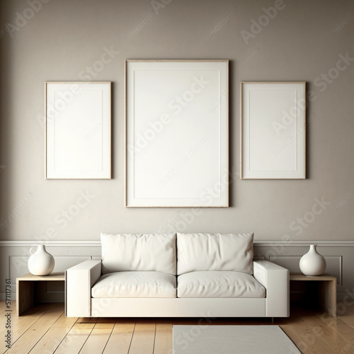 Modern living room with mock up poster frames, Contemporary style, 3D render, 3D illustration © Mike