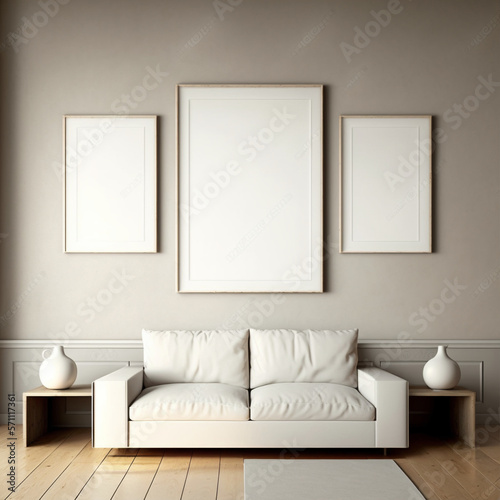 Modern living room with mock up poster frames, Contemporary style, 3D render, 3D illustration