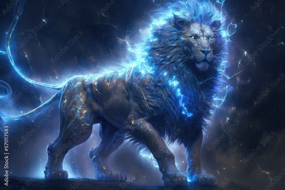 an enormous celestial translucent godlike lightning lion with glowing