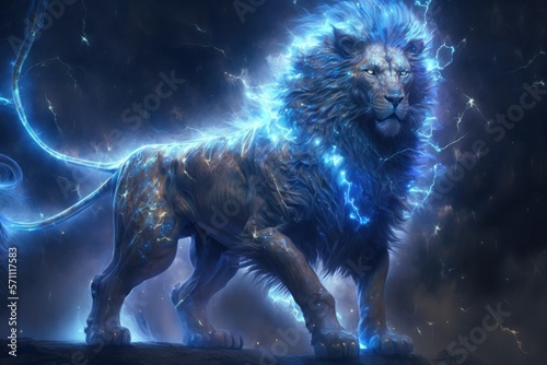 an enormous celestial translucent godlike lightning lion with glowing blue eyes Generative AI