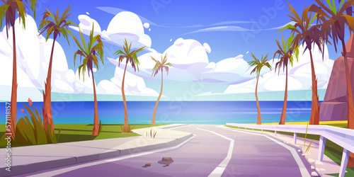 Summer tropical background with palm trees and empty asphalt road with fence. Sea coast landscape with rock and blue water surface on skyline, sky with white clouds cartoon vector illustration photo