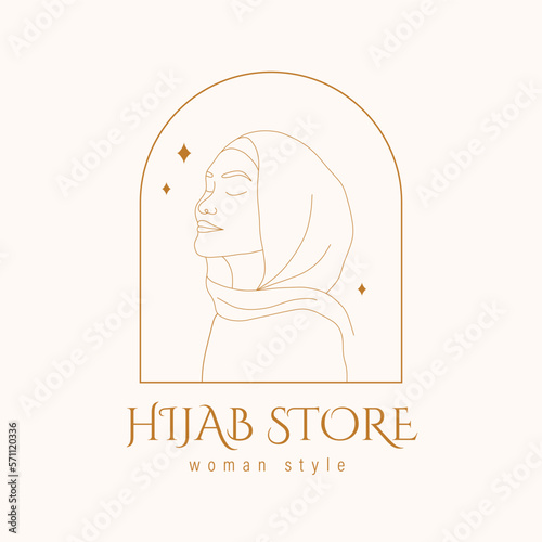 Logo design for hijab store. Abstract arabian woman with closed eyes. Hand drawn outline female silhouette in muslim headdress. Vector illustration in one line style.