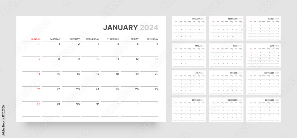 Monthly calendar template for 2024 year. Wall calendar in a minimalist style. Week Starts on Sunday. Planner for 2024 year. Monthly calendar template for 2024 year. Wall calendar in a minimalist style. Week Starts on Sunday. Planner for 2024 year.