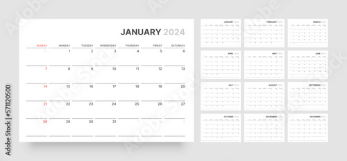 Monthly calendar template for 2024 year. Wall calendar in a minimalist style. Week Starts on Sunday. Planner for 2024 year.