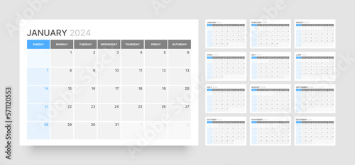 Monthly calendar template for 2024 year. Wall calendar in a minimalist style. Week Starts on Sunday. Planner for 2024 year.