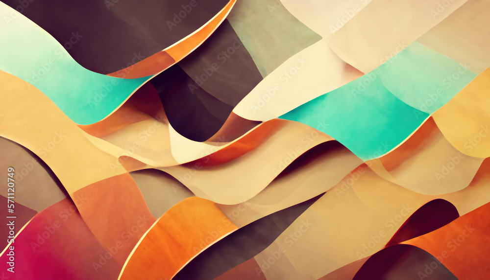Obraz premium Color block abstract background. Curl layers. Orange cyan blue pink curve shape mosaic pattern contemporary ornament art illustration.