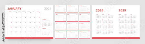 Monthly calendar template for 2024 year. Wall calendar in a minimalist style. Week Starts on Sunday. Planner for 2024 year.